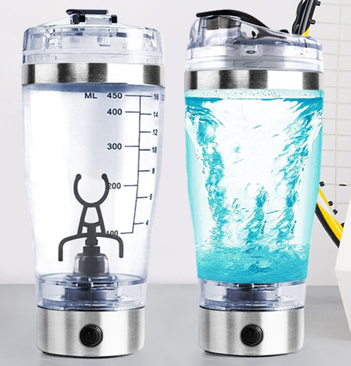 Side-by-side comparison of two Electric Protein Shaker Bottle models in black and white.