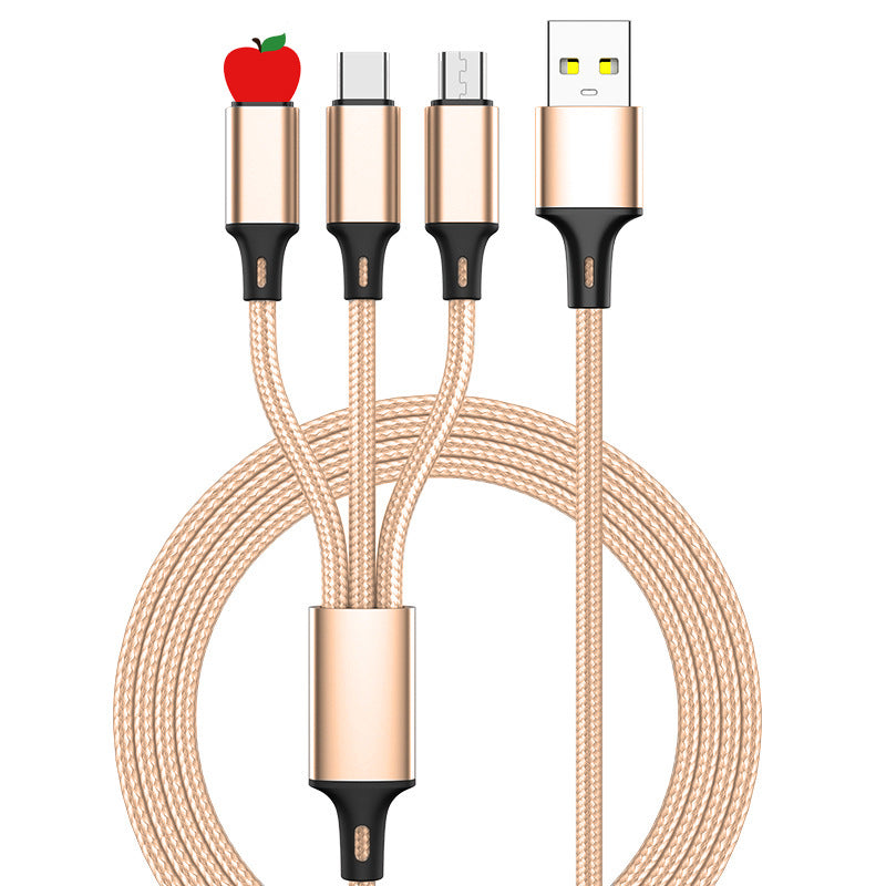Tangle-free gold Three-in-one Multi-head Charging Cable with a reinforced woven exterior.