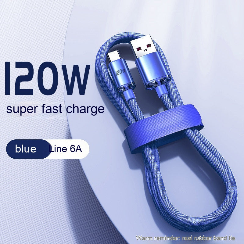 Vibrant blue 120W Data Cable Type-C Mobile Phone Charging Cable featuring high-speed power delivery.