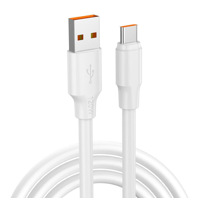 A 120W Data Cable Type-C Mobile Phone Charging Cable in white with a reinforced universal interface.