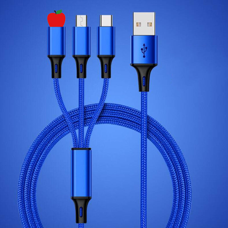 Premium blue Three-in-one Multi-head Charging Cable with Lightning, USB, Type-C, and Micro USB interfaces.