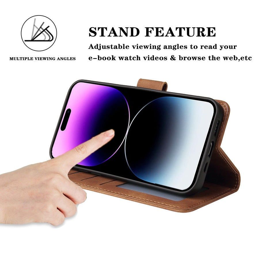 The horizontal stand feature of the Flip Case Wallet Card Holder for Samsung and iPhone allows for hands-free viewing.