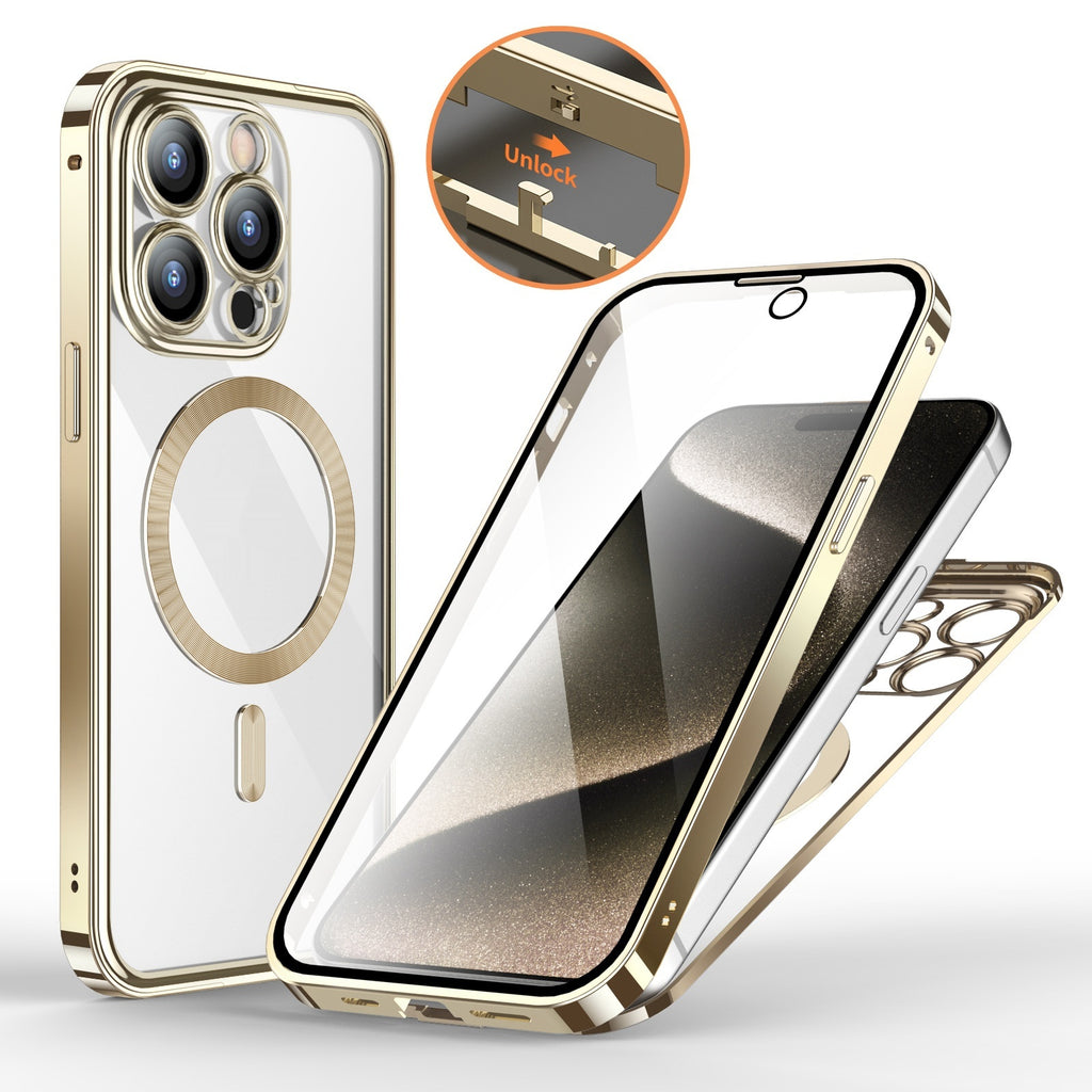 Gold-rimmed Anti-Privacy Magnetic Phone Case with clear back and magnetic ring.