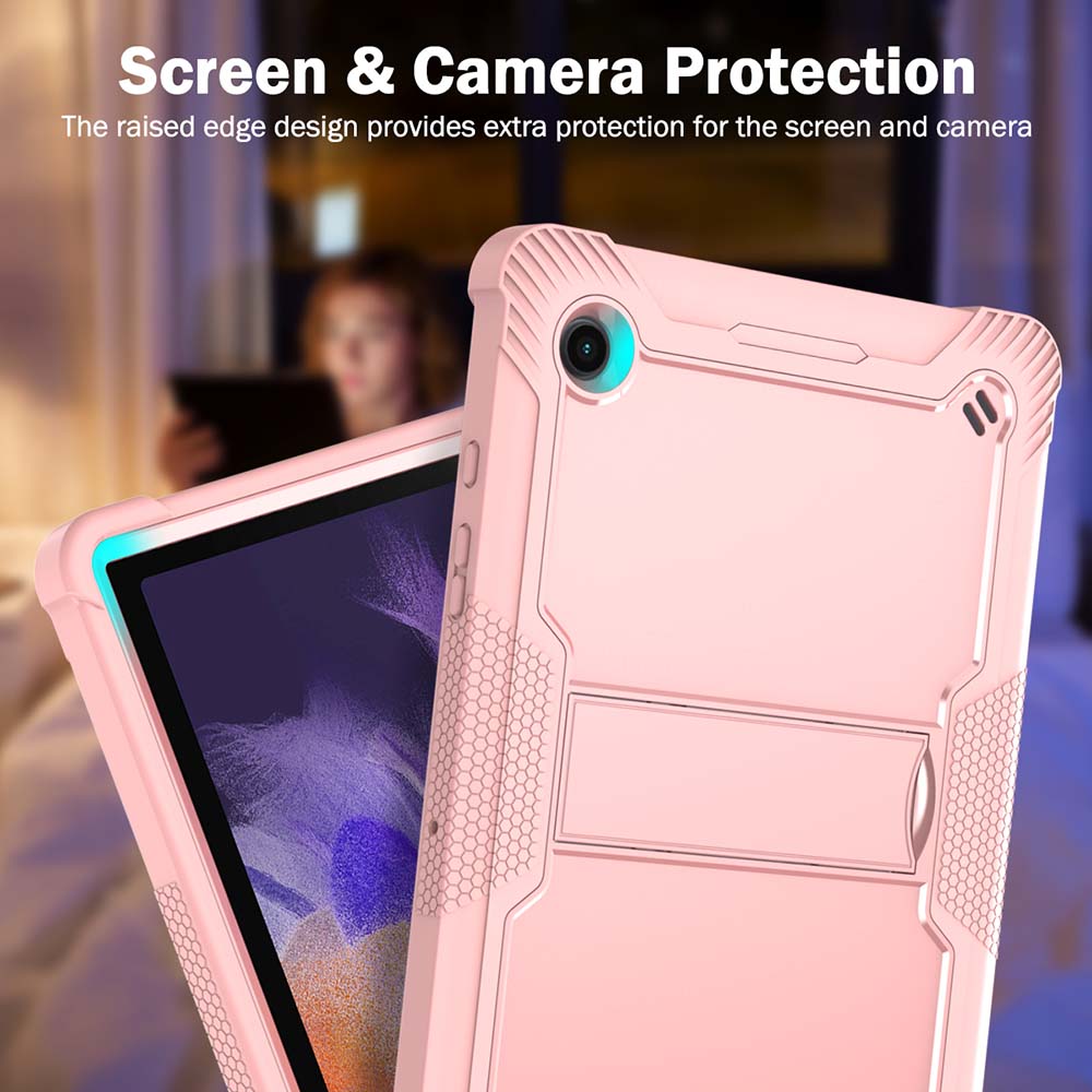 Screen and camera protection features of the Heavy Duty Case For Samsung Galaxy Tab A8 in pink.